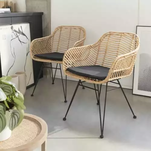 Alice's Garden 2 Fauteuils En Rotin Naturel Et Métal, Coussins Noir 2 Alice's Garden 2 Fauteuils En Rotin Naturel Et Métal, Coussins Noir – Image 2