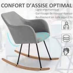 Homcom Fauteuils Fauteuil à Bascule Grand Confort Lin Gris -Chaise Soldes Magasin fauteuil a bascule grand confort lin gris 3