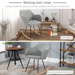 Homcom Fauteuils Fauteuil à Bascule Grand Confort Lin Gris -Chaise Soldes Magasin fauteuil a bascule grand confort lin gris 5