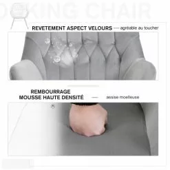 Homcom Fauteuils Fauteuil à Bascule Grand Confort Velours Gris Clair -Chaise Soldes Magasin fauteuil a bascule grand confort velours gris clair 4