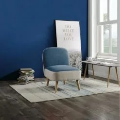 ATHM DESIGN Fauteuils Fauteuil Assise Polyester Bleu Pieds Bois -Chaise Soldes Magasin fauteuil assise polyester bleu pieds bois 3