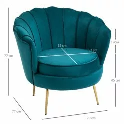 Homcom Fauteuils Fauteuil Design Coquillage Pieds Dorés Effilés Velours Bleu Canard -Chaise Soldes Magasin fauteuil design coquillage pieds dores effiles velours bleu canard 2