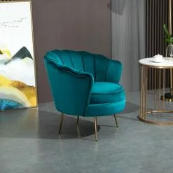 Homcom Fauteuils Fauteuil Design Coquillage Pieds Dorés Effilés Velours Bleu Canard -Chaise Soldes Magasin fauteuil design coquillage pieds dores effiles velours bleu canard 3