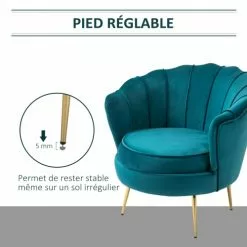 Homcom Fauteuils Fauteuil Design Coquillage Pieds Dorés Effilés Velours Bleu Canard -Chaise Soldes Magasin fauteuil design coquillage pieds dores effiles velours bleu canard 4