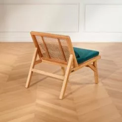 Robin Des Bois Fauteuils Fauteuil En Cannage Chêne Clair Et Velours Bleu Paon -Chaise Soldes Magasin fauteuil en cannage chene clair et velours bleu paon 2