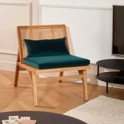 Robin Des Bois Fauteuils Fauteuil En Cannage Chêne Clair Et Velours Bleu Paon -Chaise Soldes Magasin fauteuil en cannage chene clair et velours bleu paon 3