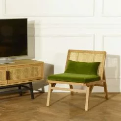 Robin Des Bois Fauteuils Fauteuil En Cannage Chêne Clair Et Velours Vert Vintage -Chaise Soldes Magasin fauteuil en cannage chene clair et velours vert vintage 2
