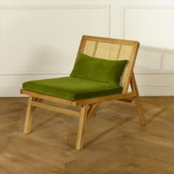 Robin Des Bois Fauteuils Fauteuil En Cannage Chêne Clair Et Velours Vert Vintage -Chaise Soldes Magasin fauteuil en cannage chene clair et velours vert vintage 4