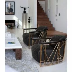 Now’s Home Fauteuils Fauteuil En Cuir Matelassé Noir Structure En Inox Cuivré -Chaise Soldes Magasin fauteuil en cuir matelasse noir structure en inox cuivre 4