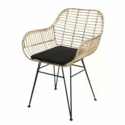 MACABANE Fauteuils Fauteuil En Rotin Naturel Coussin Noir Pieds En Métal -Chaise Soldes Magasin fauteuil en rotin naturel coussin noir pieds en metal 3
