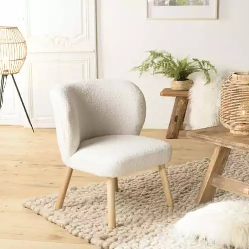 MACABANE Fauteuils Fauteuil En Tissu Bouclette Blanc Pieds En Bois 2 MACABANE Fauteuils Fauteuil En Tissu Bouclette Blanc Pieds En Bois – Image 2