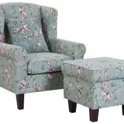 Beliani Fauteuils Fauteuil En Tissu Vert Ă Motif Floral Avec Repose-pieds