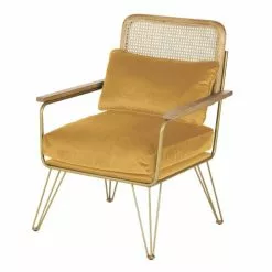 Maisons Du Monde Fauteuils Fauteuil En Velours Ocre Cannage En Rotin