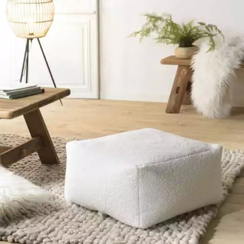 MACABANE Poufs Pouf Carré 53x53cm Tissu Bouclette Blanc 2 MACABANE Poufs Pouf Carré 53x53cm Tissu Bouclette Blanc – Image 2