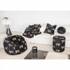 MX HOME Poufs Pouf En Velours Noir Avec Tigres Brodées -Chaise Soldes Magasin pouf en velours noir avec tigres brodees 3