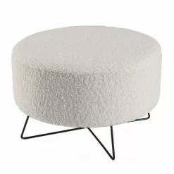 MACABANE Poufs Pouf Rond Tissu Bouclette Blanc Pieds Croisés Métal Noir