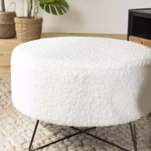 MACABANE Poufs Pouf Rond Tissu Bouclette Blanc Pieds Croisés Métal Noir 4 MACABANE Poufs Pouf Rond Tissu Bouclette Blanc Pieds Croisés Métal Noir – Image 4