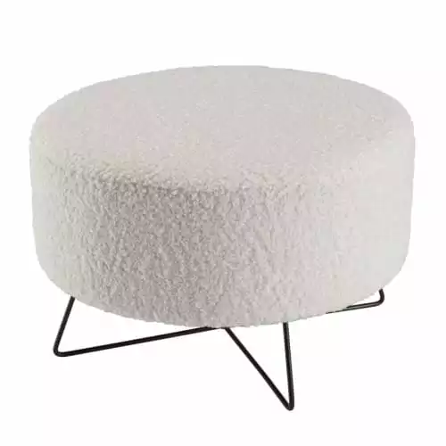 MACABANE Poufs Pouf Rond Tissu Bouclette Blanc Pieds Croisés Métal Noir 1 MACABANE Poufs Pouf Rond Tissu Bouclette Blanc Pieds Croisés Métal Noir