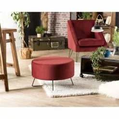MACABANE Poufs Pouf Rond Tissu Velours Bordeaux Pieds Métal -Chaise Soldes Magasin pouf rond tissu velours bordeaux pieds metal 5
